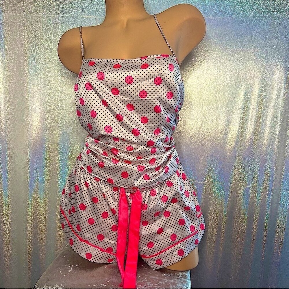 Victoria secret 2 piece silky satiny set tank and shorts polkadot neon pink y2k